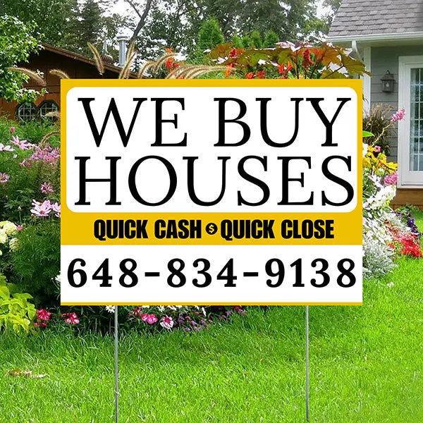 Real Estate - We Buy Houses - Quick Cash Quick Close - Plain White Mustard Gold Design YardSigns.com