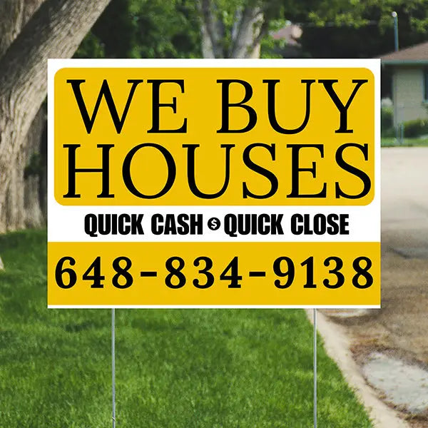 Real Estate - We Buy Houses - Quick Cash Quick Close - Plain Mustard Gold White Design YardSigns.com