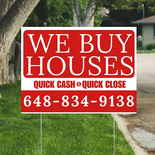 Real Estate - We Buy Houses - Quick Cash Quick Close - Plain Chili Red White Design YardSigns.com