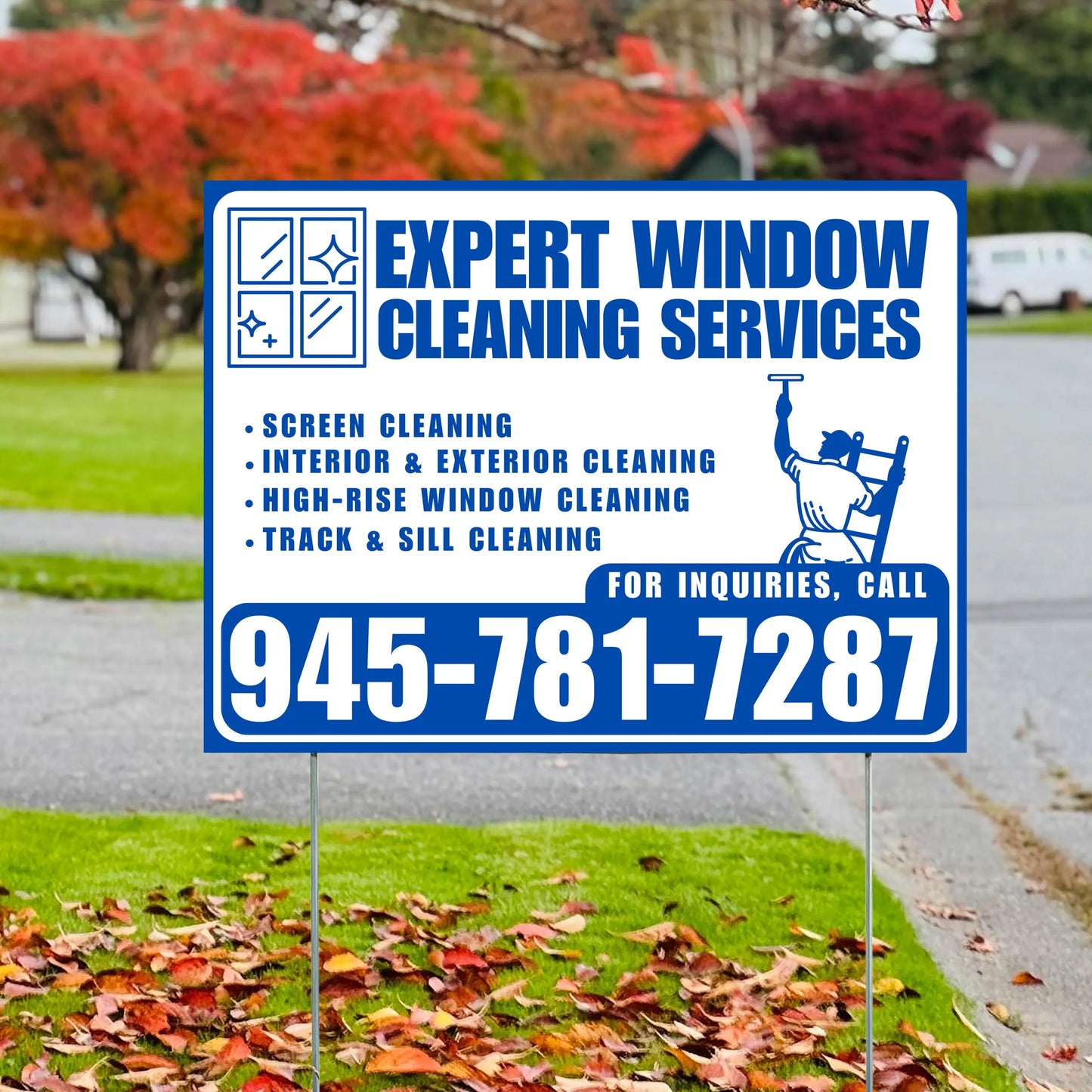 Expert Window Cleaning Services - Screen Cleaning, Interior & Exterior Cleaning, High-Rise Window Cleaning, Track & Sill Cleaning - Plain White Blue Design YardSigns.com