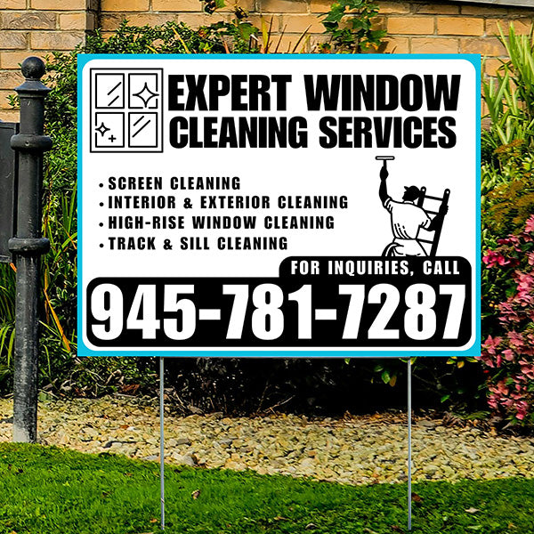 Expert Window Cleaning Services - Screen Cleaning, Interior & Exterior Cleaning, High-Rise Window Cleaning, Track & Sill Cleaning - Plain Aqua Blue White Design - YardSigns.com