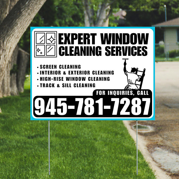 Expert Window Cleaning Services - Screen Cleaning, Interior & Exterior Cleaning, High-Rise Window Cleaning, Track & Sill Cleaning - Plain Aqua Blue White Design - YardSigns.com