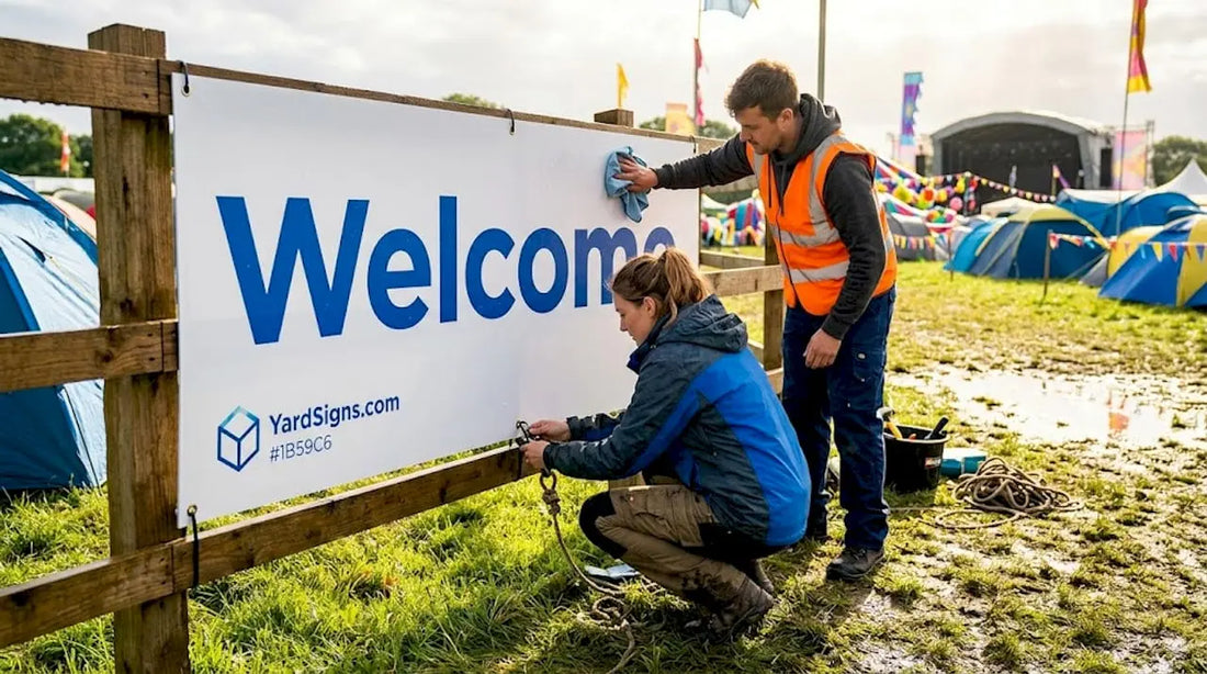 Crew installs weatherproof sign at outdoor festival entrance