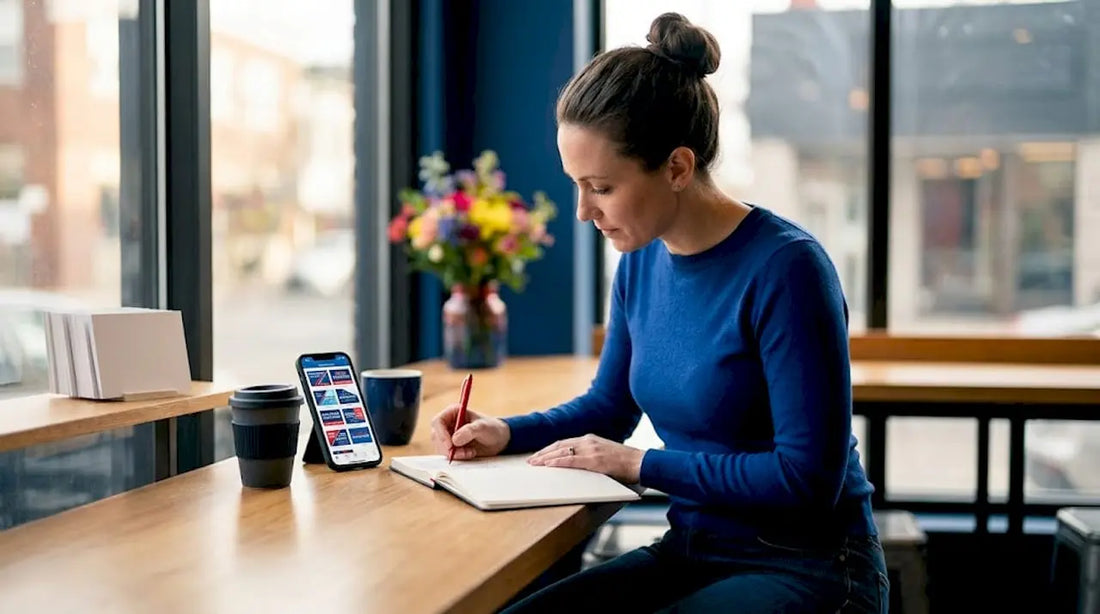 Woman planning lawn sign design at desk