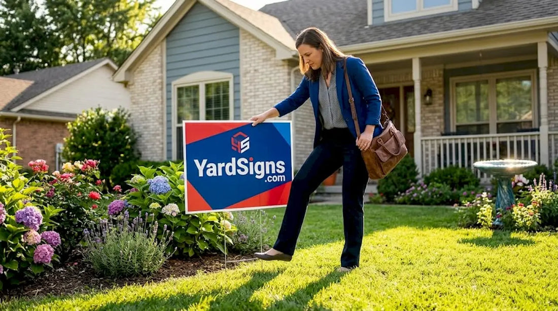Agent installing real estate sign in rainy yard