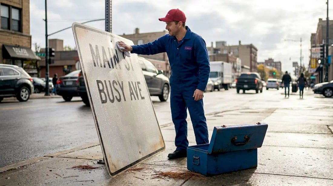Worker inspecting weathered outdoor sign