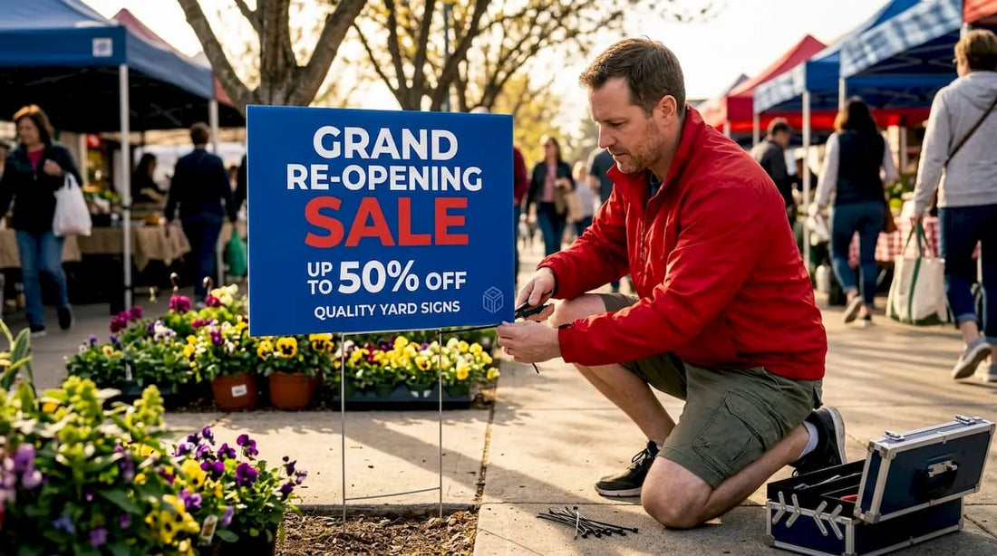 Manager installing weatherproof sale sign outside store