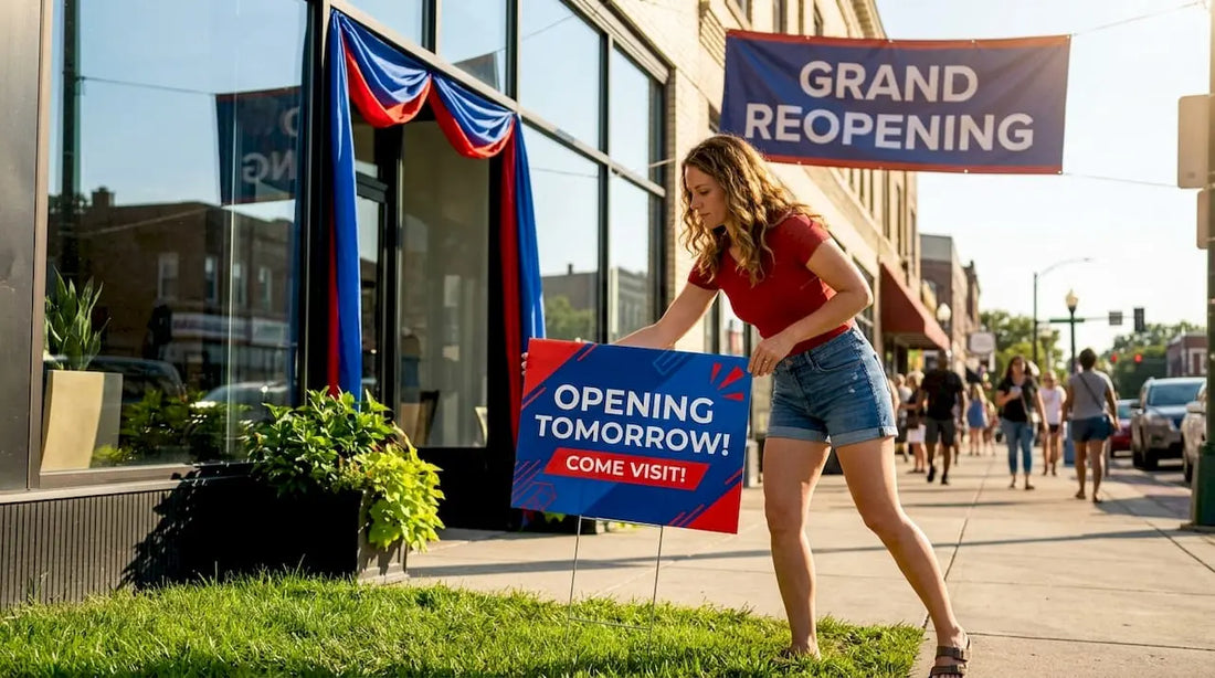 Owner installing grand reopening yard sign outside business