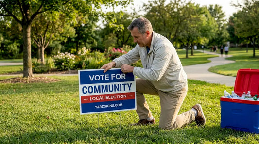 Volunteer installing campaign sign on residential lawn