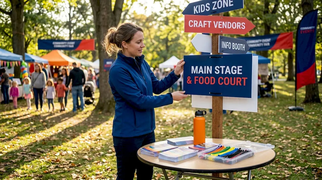 Event organizer checks durable outdoor sign in park