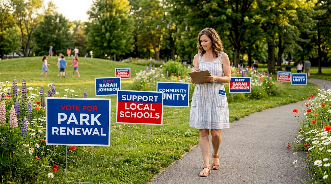 Campaign manager reviewing local yard signs