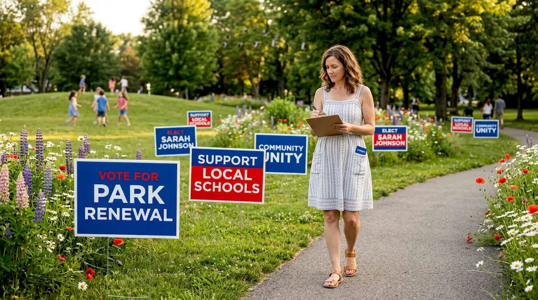 Campaign manager reviewing local yard signs
