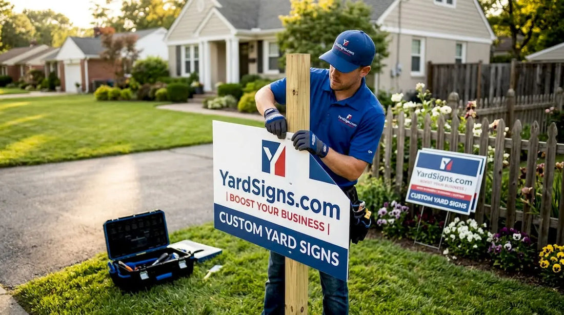 Installer hanging double-sided yard sign outdoors