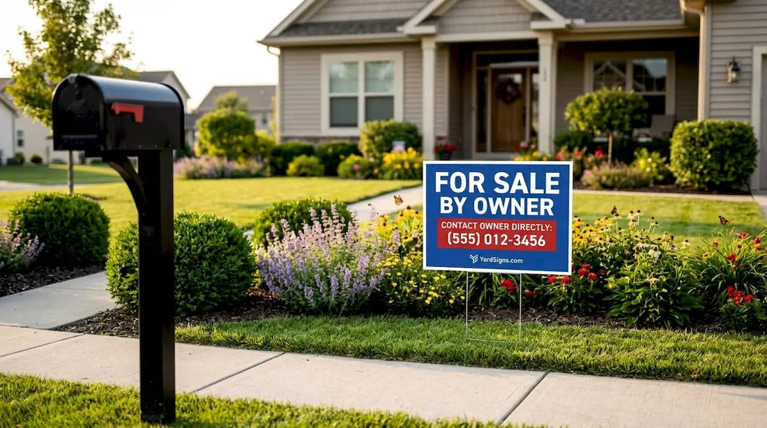 Suburban home with FSBO yard sign in front yard