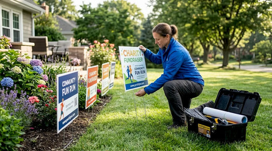Volunteer setting up charity fundraiser yard signs outdoors