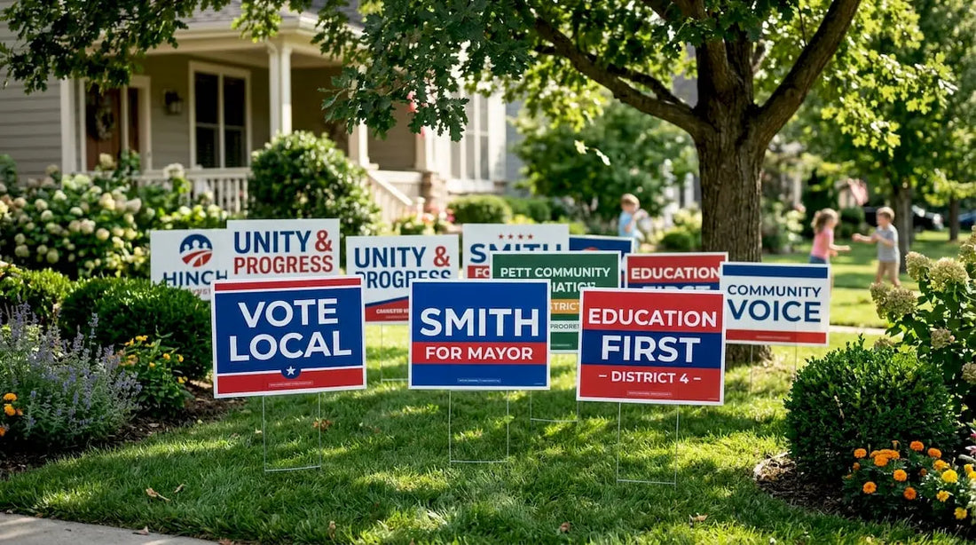 Yard signs displayed in suburban neighborhood lawns