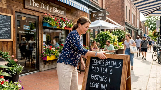 Business owner adjusting outdoor advertising sign