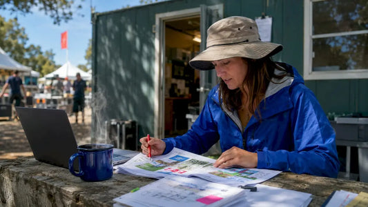 Festival planner reviewing yard sign layouts at outdoor office
