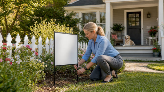 Real estate agent placing yard sign outdoors