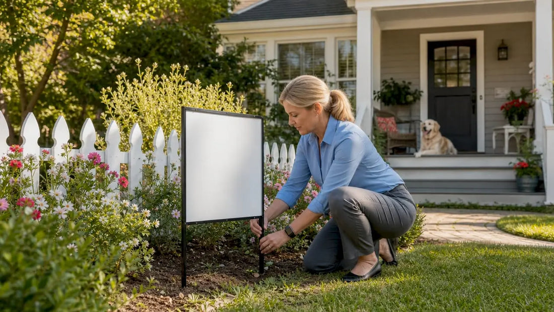 Real estate agent placing yard sign outdoors
