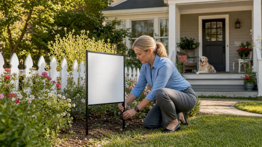 Real estate agent placing yard sign outdoors