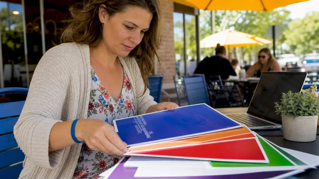 Small business owner reviewing yard sign samples
