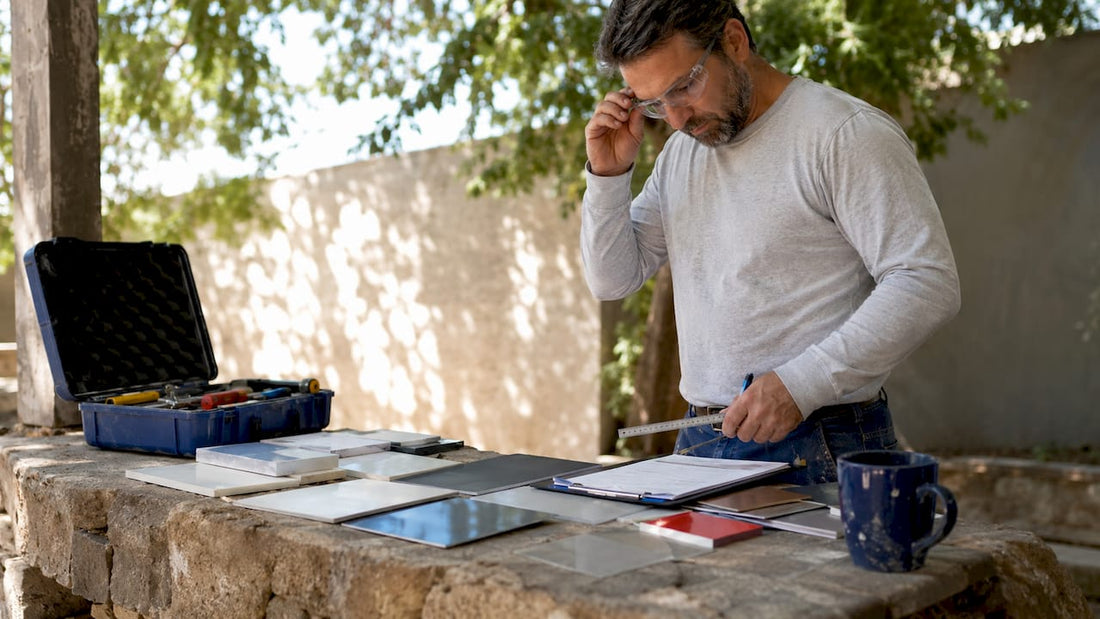 Man comparing outdoor sign material samples at workshop