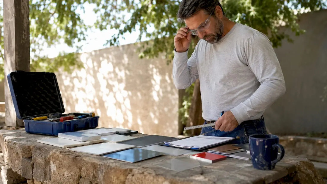 Man comparing outdoor sign material samples at workshop