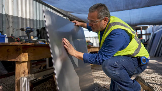Sign fabricator inspecting weather-resistant sign panel
