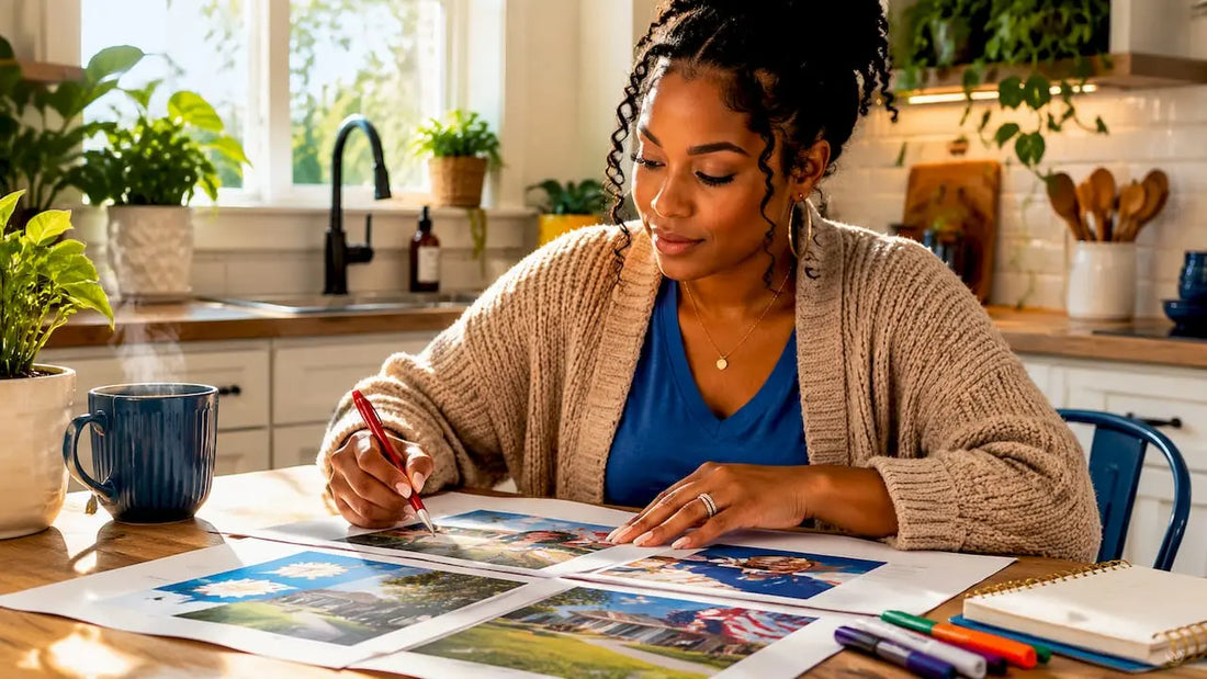 Woman reviewing printed yard sign proofs at home desk