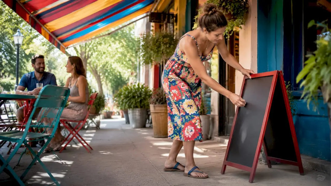 Business owner placing A-frame sign outdoors