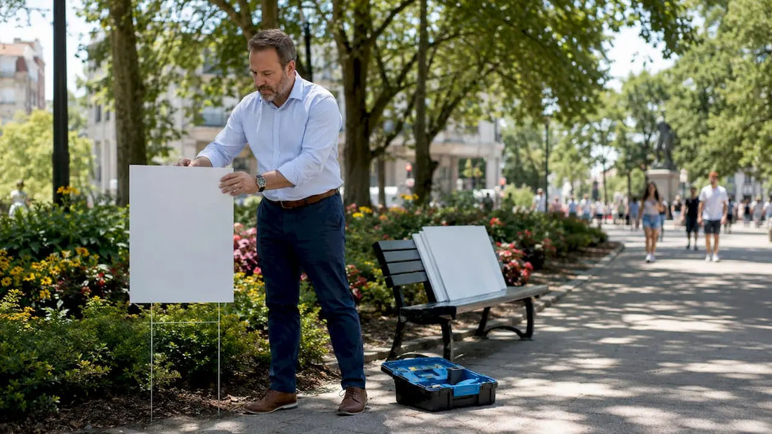 Man preparing lawn sign for outdoor business promotion