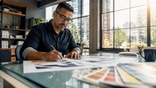 Designer reviewing printed signs in home studio