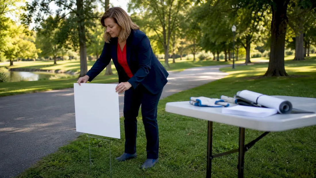 Property manager installing yard sign outdoors