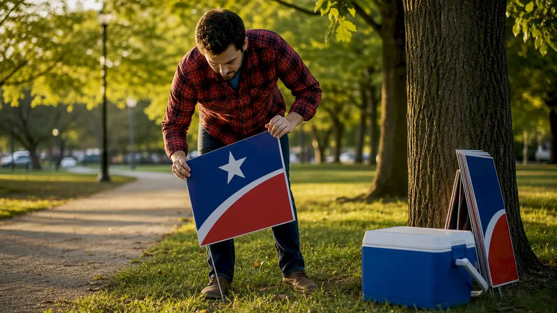 Campaign manager installing yard sign outdoors