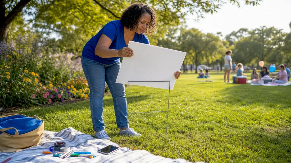 Woman preparing affordable block party lawn sign outdoors