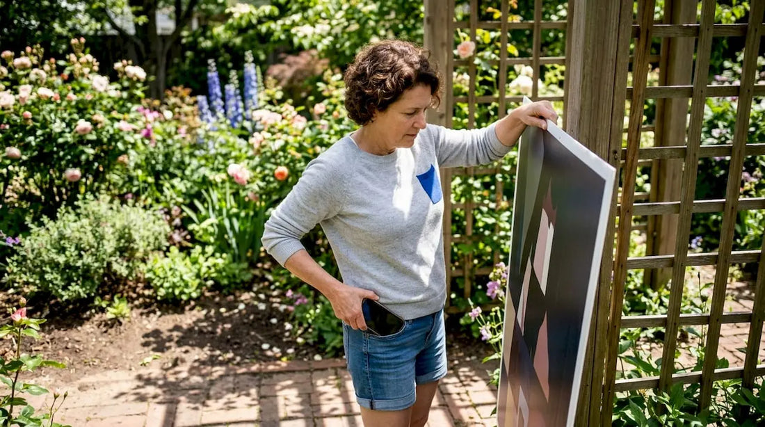 Woman testing visibility of a yard sign