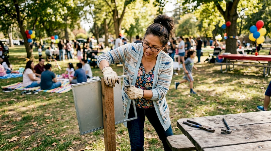 Woman updating real estate yard sign outdoors