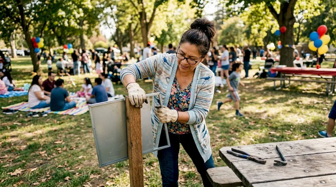Woman updating real estate yard sign outdoors