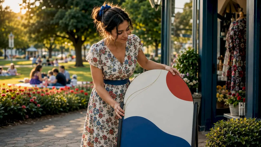 Business owner adjusting sign outside new store