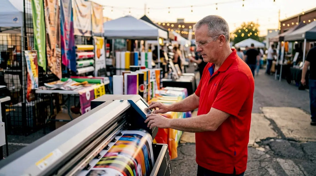Technician operating digital sign printer in shop