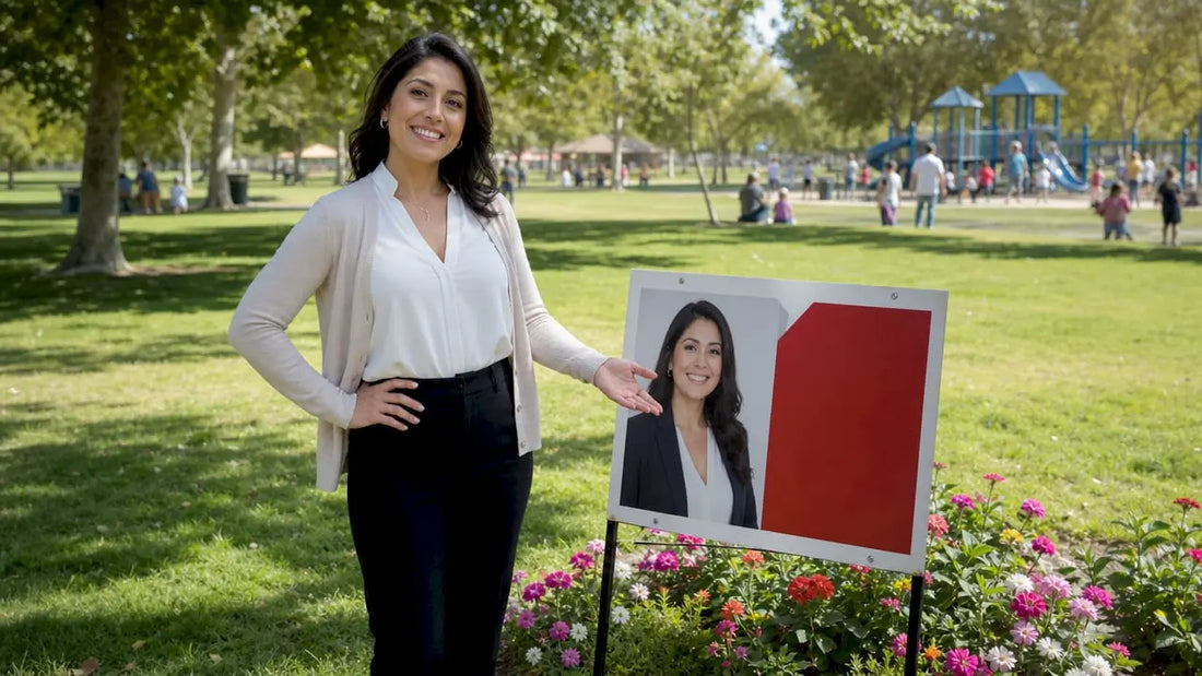 Real estate agent by outdoor yard sign
