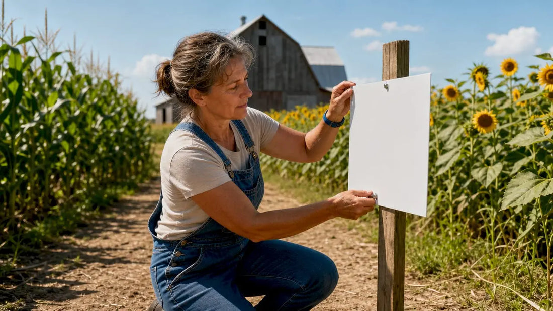 Farm owner placing a yard sign near farm entrance
