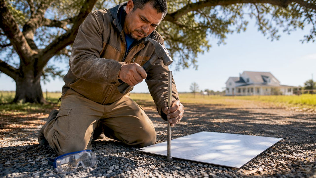 Man installing outdoor sign stake in lawn