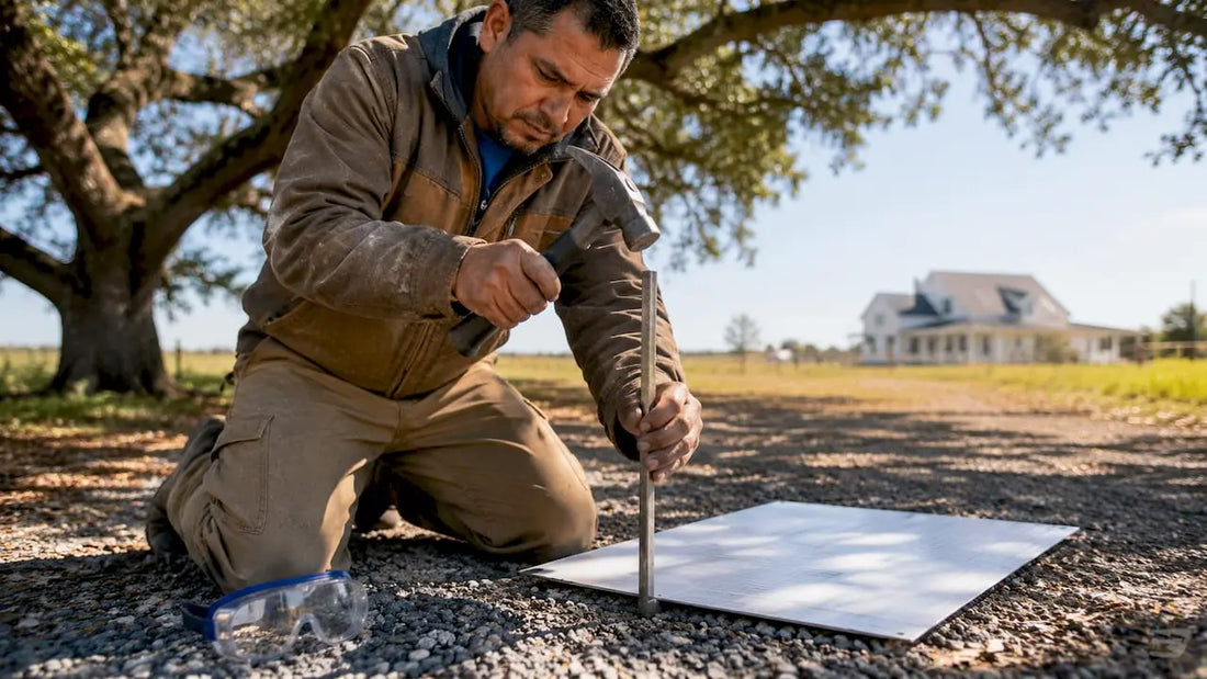 Man installing outdoor sign stake in lawn