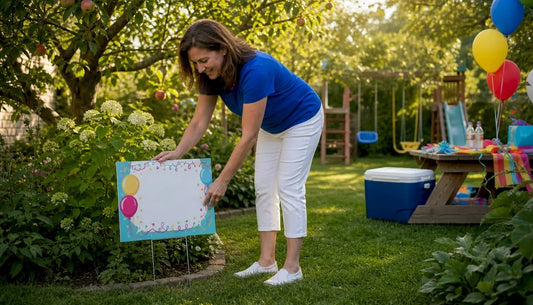 Woman installing birthday yard sign on lawn