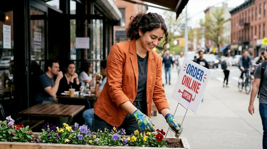 Small business owner installing yard sign