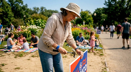 Volunteer installing political lawn sign outdoors
