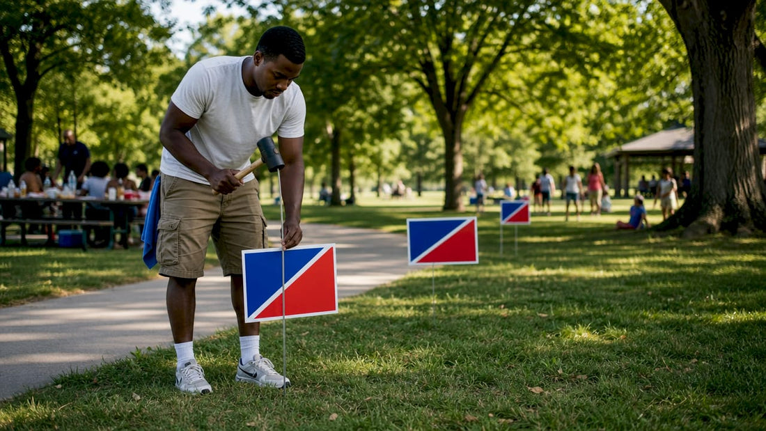 Man installing endorsement yard signs outdoors