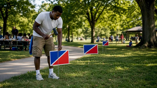 Man installing endorsement yard signs outdoors